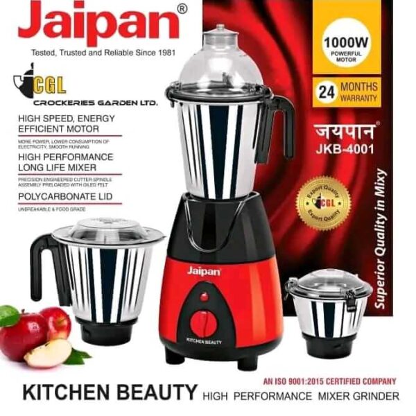 Jaipan Kitchen Beauty 1000W Mixer Grinder Blender(Red & Black)